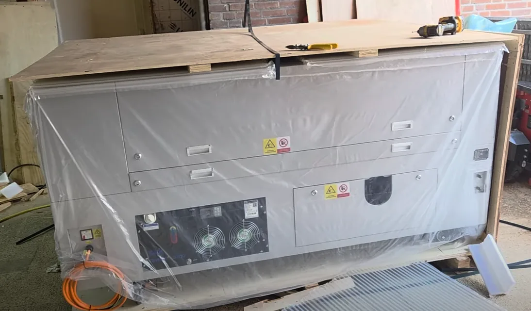 A crated Gweike M3 Ultra CNC machine arriving at The Yield Point workshop