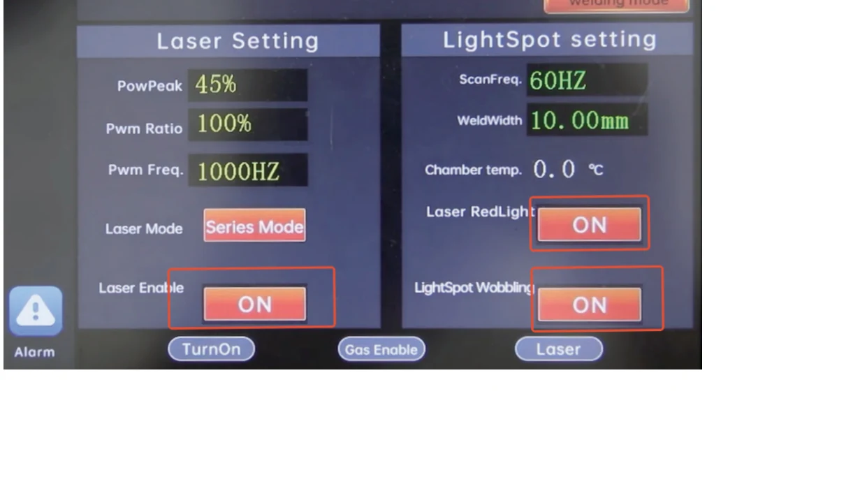 Air-cooled welding controller parameter screen after selecting cleaning mode