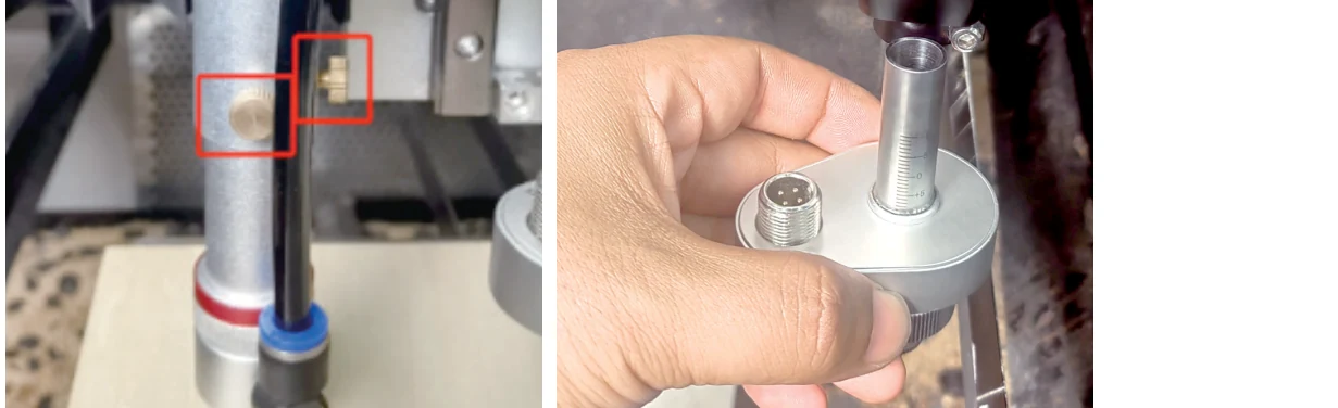 Gweike manual photographs showing gun-head height and stop-delay hardware for CNC plate cleaning