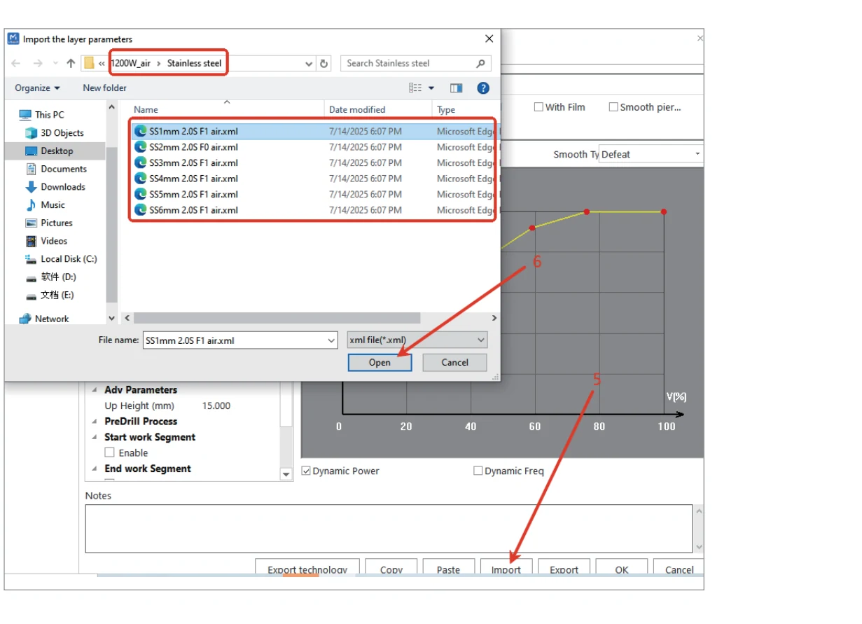 mLaser Layer Parameters import dialog showing example fiber process XML files