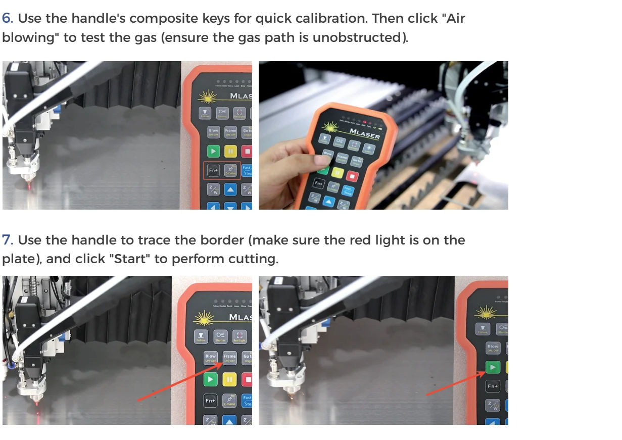Gweike manual screenshots for quick calibration, gas testing, and framing a job