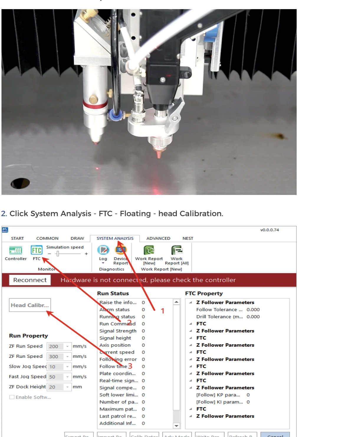 mLaser System Analysis FTC Floating-head Calibration screens