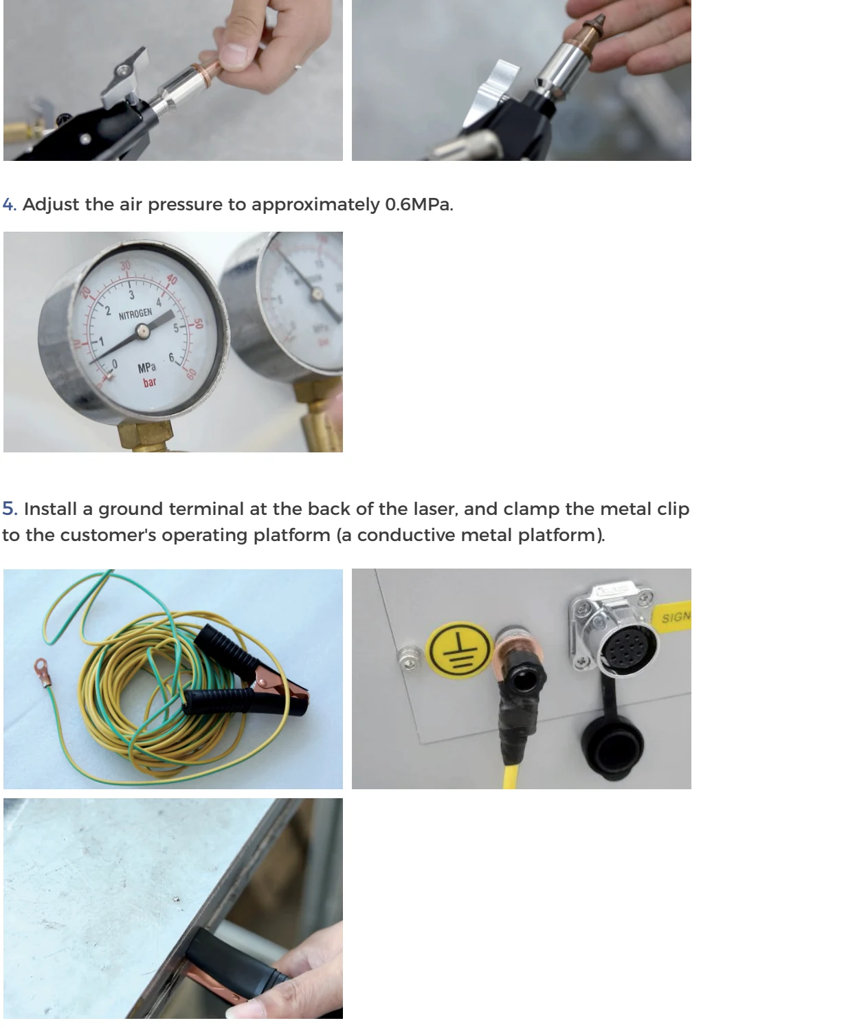 Gweike manual photographs showing the handheld cutting nozzle, gas setting, and ground connection