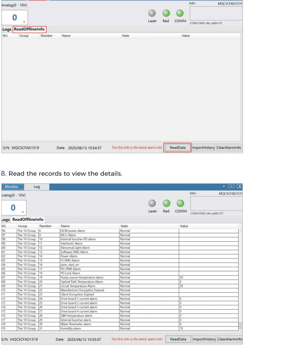 Gweike laser-source diagnostic software showing offline alarm records and details