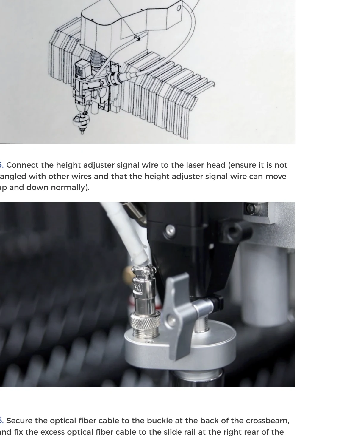 Gweike manual photographs showing laser-head signal wire and optical-fiber routing