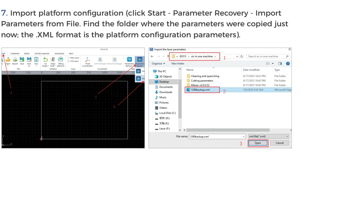mLaser Parameter Recovery screen for importing the delivered platform configuration