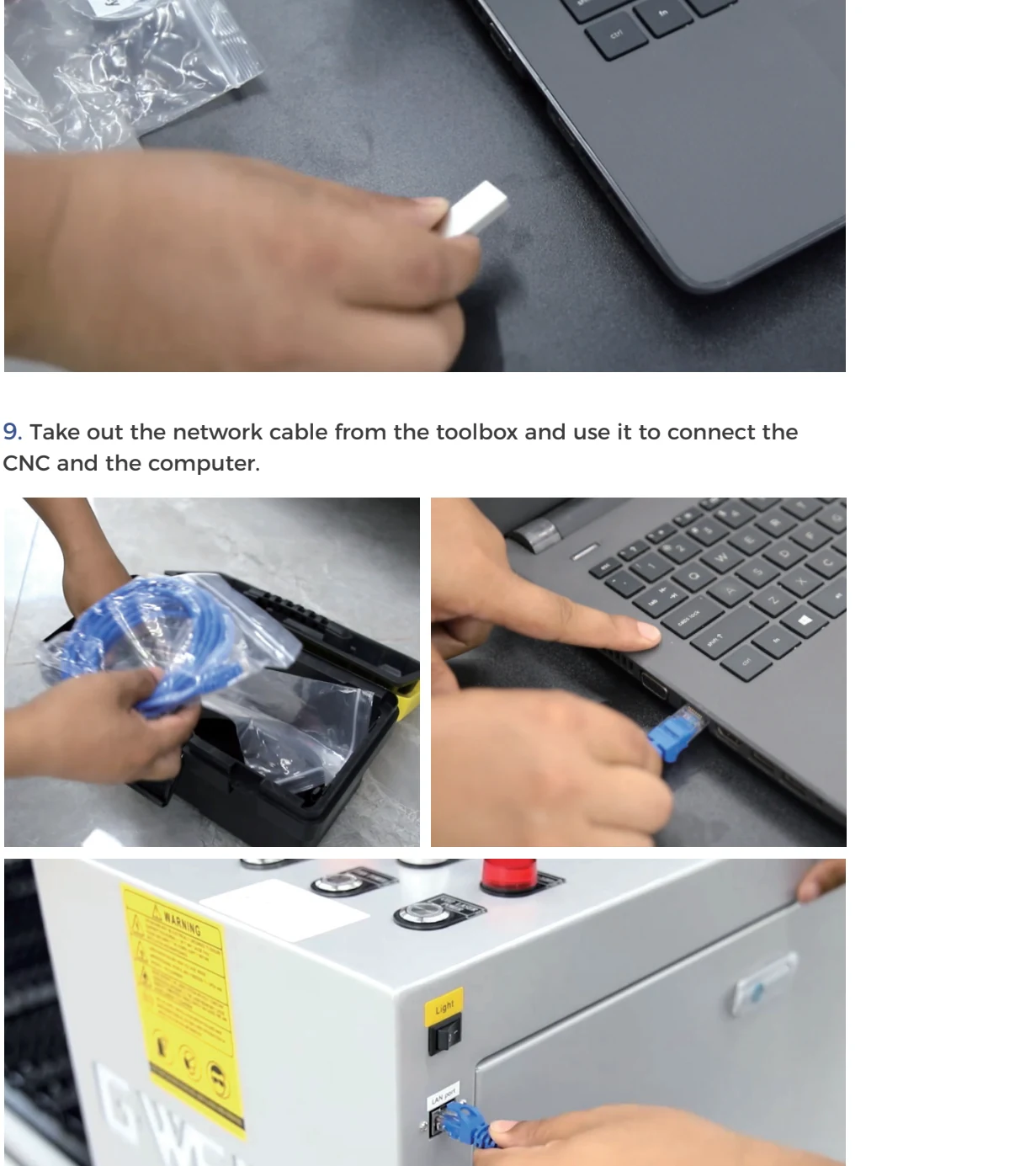 Gweike manual photographs showing the CNC-to-computer Ethernet connection