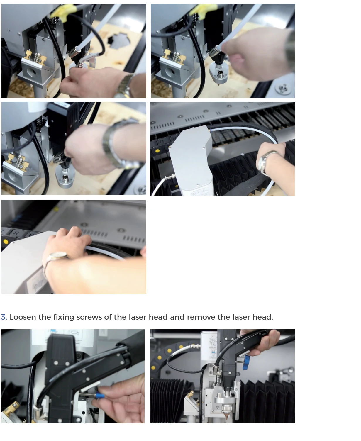 Gweike manual photographs showing removal of the CNC-head signal cable, air pipe, and fasteners