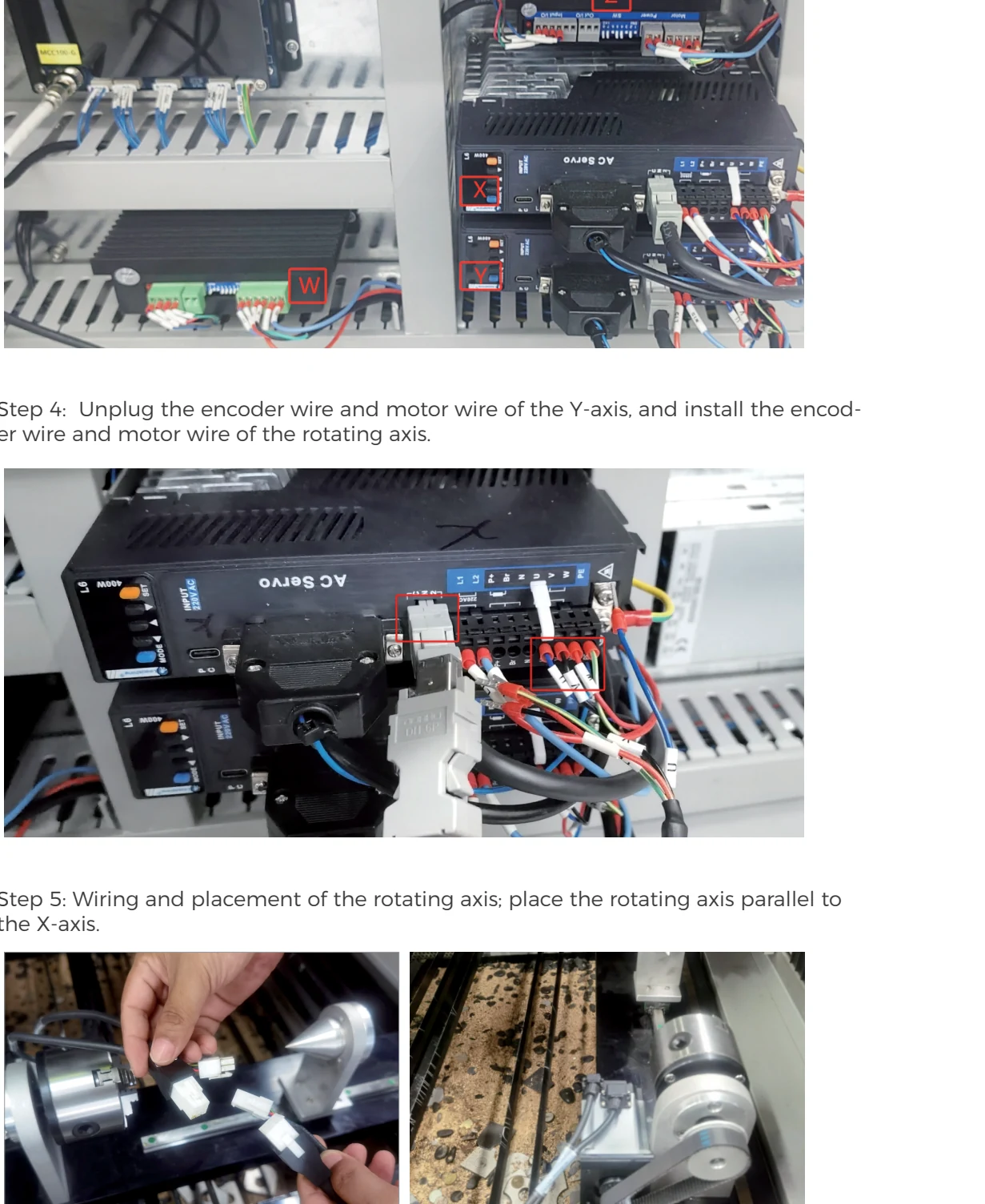 Gweike manual photographs showing rotary-axis motor and encoder wiring and chuck placement