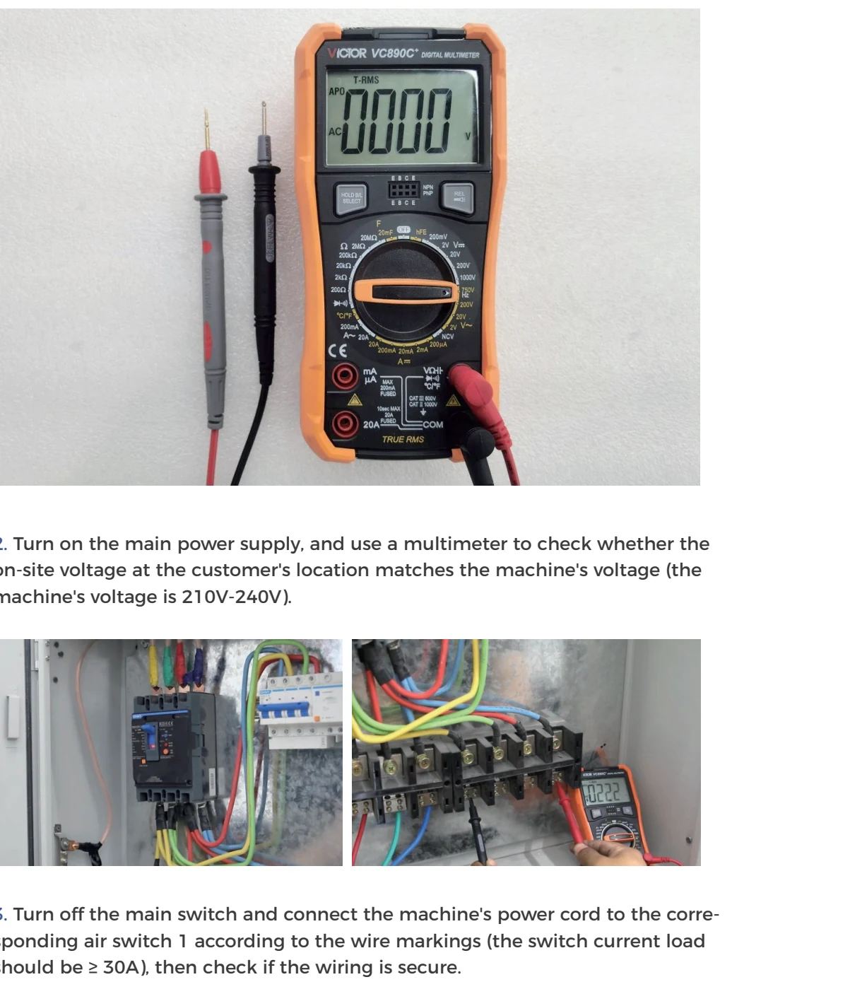 Manual illustrations of a multimeter and voltage checks for a Gweike M-Series installation